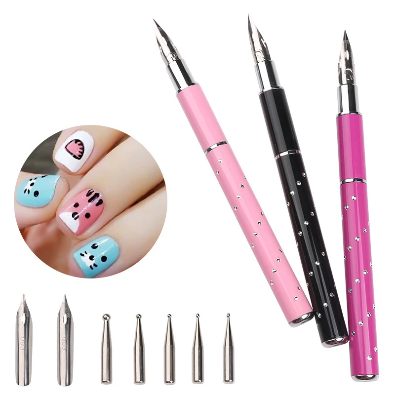 Rhinestone Handle Nail Art Brush Pen 3d Painting Dotting Lining Brushes