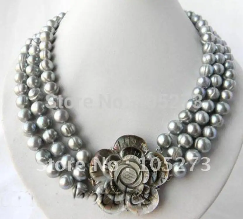 

17-18inchs 3 Strands 10-11mm Gray Color Genuine Freshwater Pearl Necklace Beautiful Shell Flower Clasp New Free Shipping FN1615
