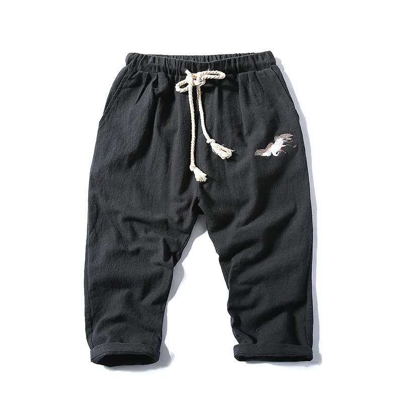 

Men's Cotton and Linen Embroidery Leisure Harem Pants Loose Large Size Chinese Style Drawstring Fashion Casual Capri Pants