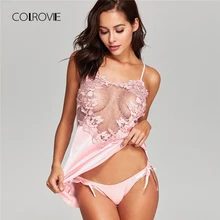 COLROVIE без трусики аппликация из кружева, связанного крючком слипы Ночное платье, летнее платье на тонких бретельках с ремешком Для женщин ночное белье сексуальная ночная рубашка