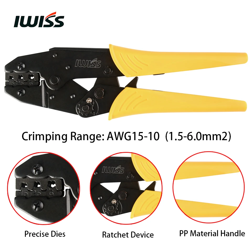 IWISS HS-03B Ratchet Crimp Plier Hand Crimper Tool for Crimping AWG15-10 (1.5-6.0mm2) Wire Terminals