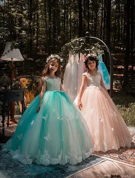 

2019 Elegant Sheer Cap Sleeves Tulle A Line Flower Girl Dresses Lace Applique Beaded Butter Fly Floor Length Gilrs 'Pageant Dre