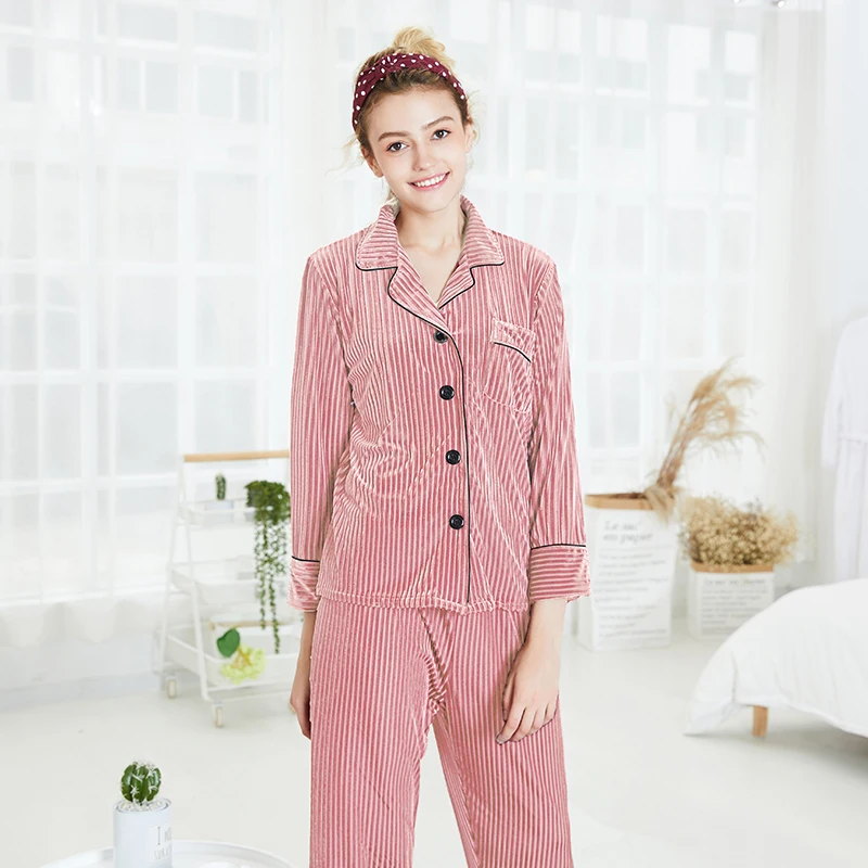 2019Pajamas Set Women Sleepwear Warm pleuche Long Sleeves Pajamas Pink