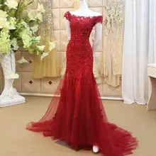 ANGELSBRIDEP Красный Русалка Вечерние Нарядные платья для вечеринок Vestido Longo сексуальное короткое плечо Аппликация с длинным шлейфом вечерние Роскошные платья