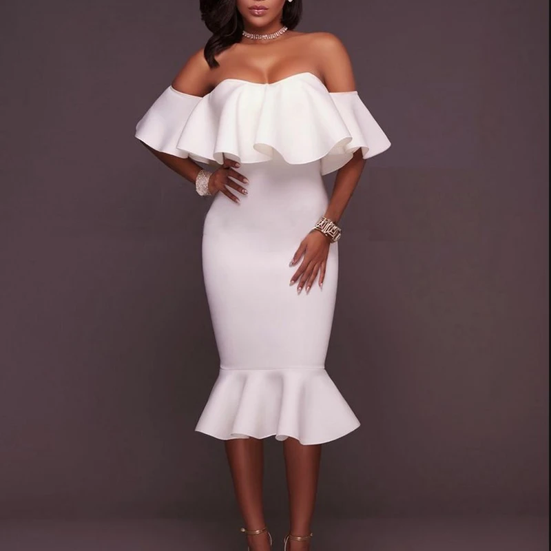 

Off The Shoulder Ruffle Dress Women 2018 Fashion Boho Fishtail Midi Dress Club Party Sexy Strapless Bodycon Vestidos