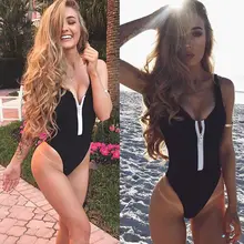 New Sexy Women Bathing Suit Zipper One Piece Black