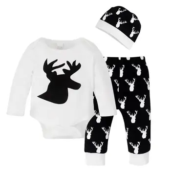 

3pcs Baby Boy Clothes Set Christmas Deer Jumpsuit Long Sleeves overall Romper+Pants+Hat Cotton Soft Newborn Clothing