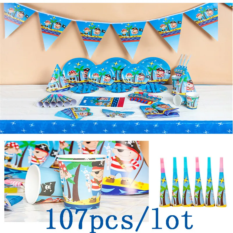 

New Little Pirate Theme Cup Plate Mask Child Birthday Party Cocked Hat Festival Gift Bag Trumpet Decoration Supply 107Pcs/lot