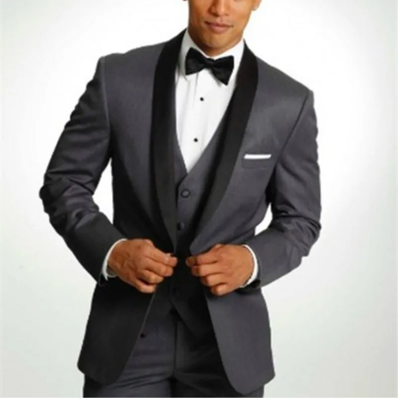 Cheap Dark Grey Black Men Suits Groom 
