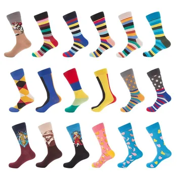 

PEONFLY Men Personality European Version Socks Funny Happy Socks Cotton Plaid Geometric Lattice Striped Men Socks For Bussiness