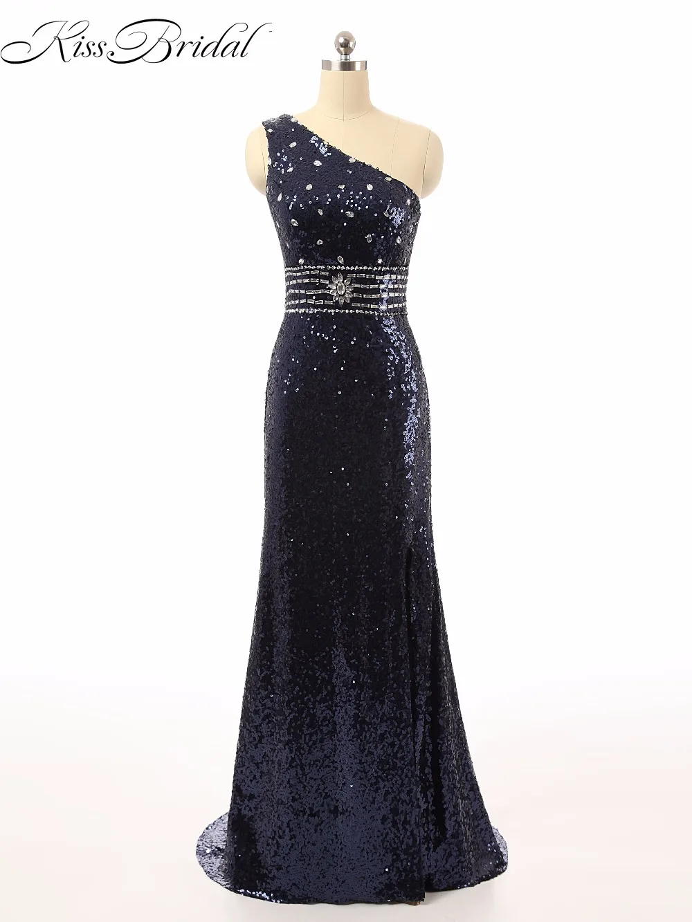 New Beautiful Navy Blue Evening Dresses 2018 Beading Belt Sexy Cut Back Prom Party Gown Sequins Dress | Свадьбы и торжества