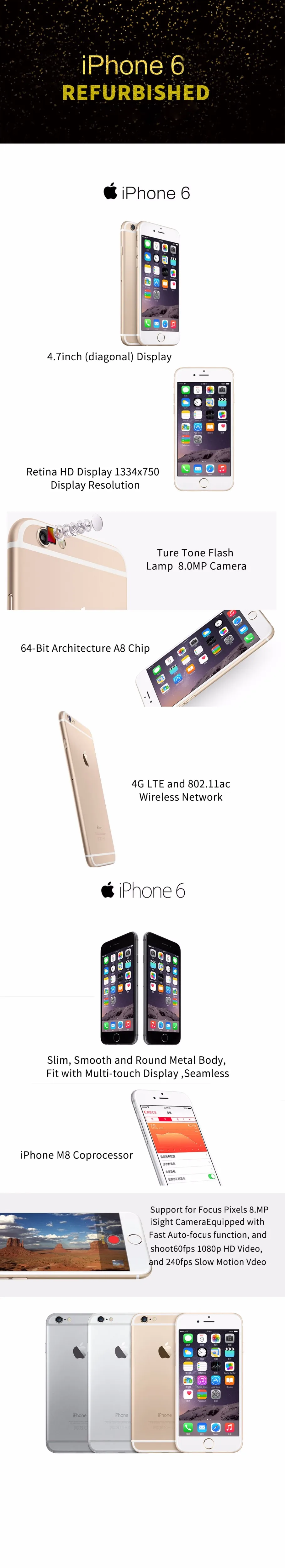 Восстановленный разблокированный Apple iPhone 6 1 ГБ Оперативная память 16/64 GB Встроенная память 4,7 дюймов IOS 8.0MP Камера отпечатков пальцев для iPhone 6 смартфонов