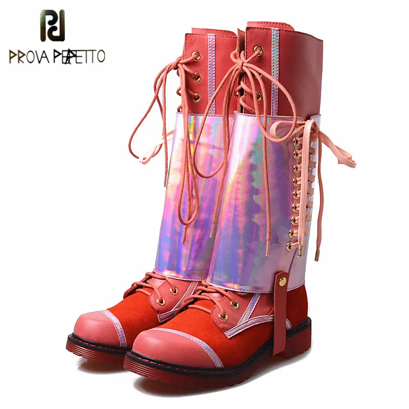 

Prova Perfetto 2018 Autumn Winter Women Long Boots Genuine Shiny Patent Leather Lace-Up Long Boots Thick Bottom Waterproof Boots