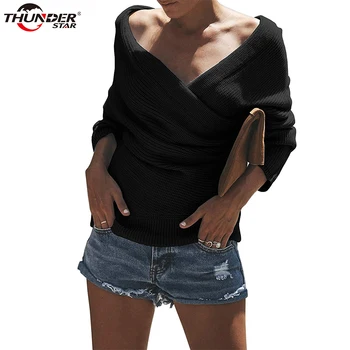 

Autumn v neck knitted cross sweater jumper Women 2018 Spring fashion long sleeve pullover pull femme Sexy off shoulder sweater