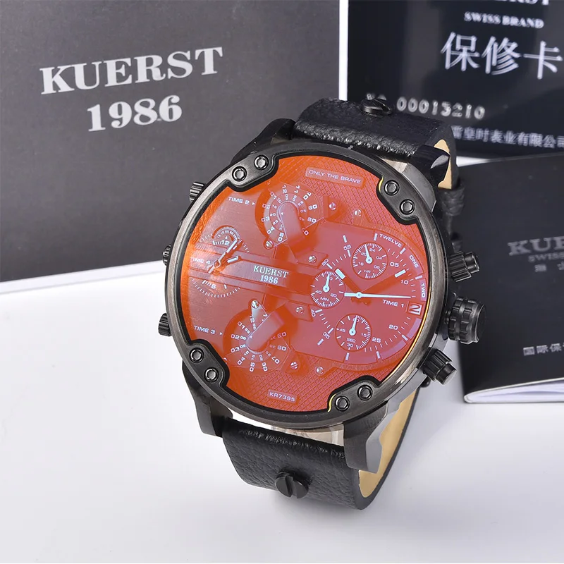 New Men's Large Dial Sports Watch Multi-time Zone Display Military Watch Men Luxury Brand KUERST Waterproof Quartz Watch