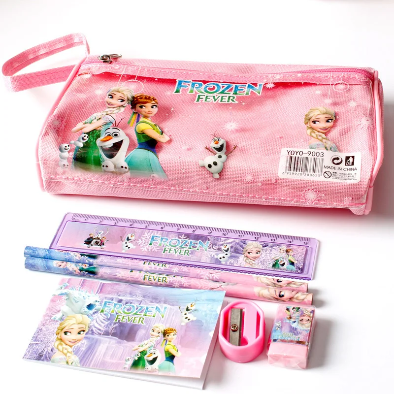 

7pcs Disney cartoon children Frozen pencil case+ruler+pencil+eraser+ writing book+pencil sharpener bag student girl boy kid gift