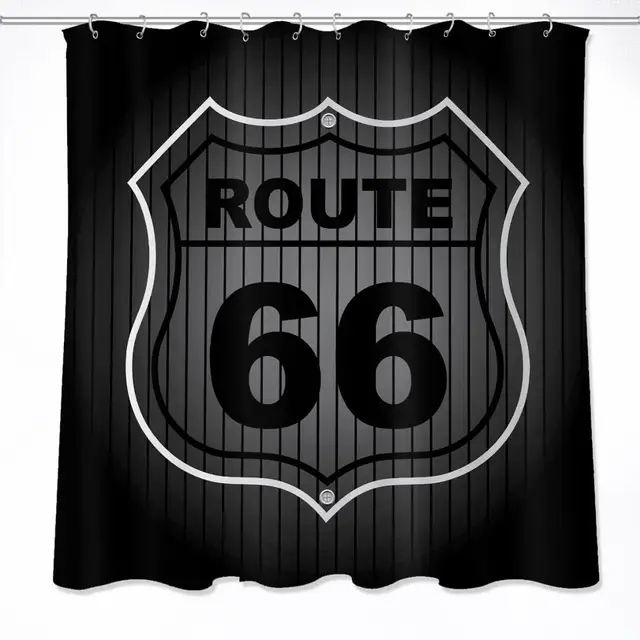 LB Extra Long Historical Retro Trip Black Strips Shower Curtain Route 66 Fabric And Mat Set