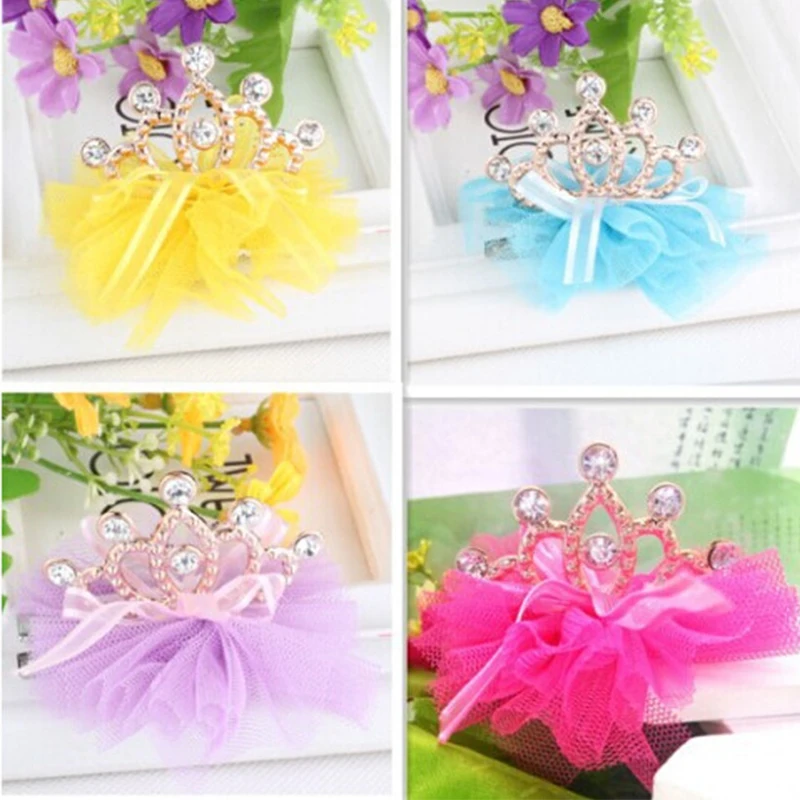 

New Design Shiny Rhinestone Cown Hair Clip Girl Hair Accessories Grid Yarn Crown Children Hairpins Accessories Ribbon Baby