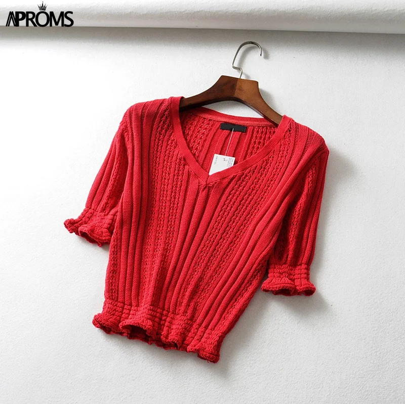 Aproms Elegant V Neck Knitted Elastic Shirts Women Ruffles Short Sleeve Cropped Blouse Female Bodycon Tops 2019