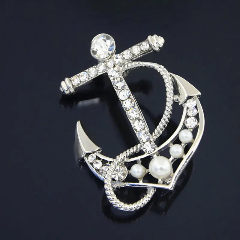 

Stunning Clear Crystals Fashion Anchor Shaped Brooch Top Quality Men Clothes Pins Hot Selling