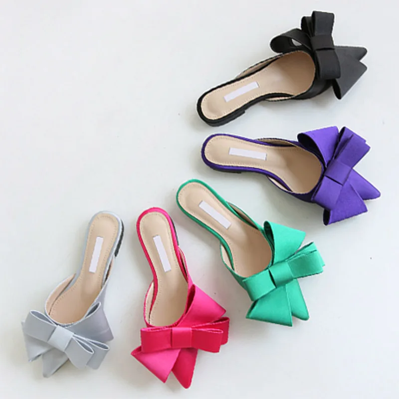 

Real silk butterfly-knot slippers woman luxury brand design mules shoes summer riband bow knot slides woman flip flops