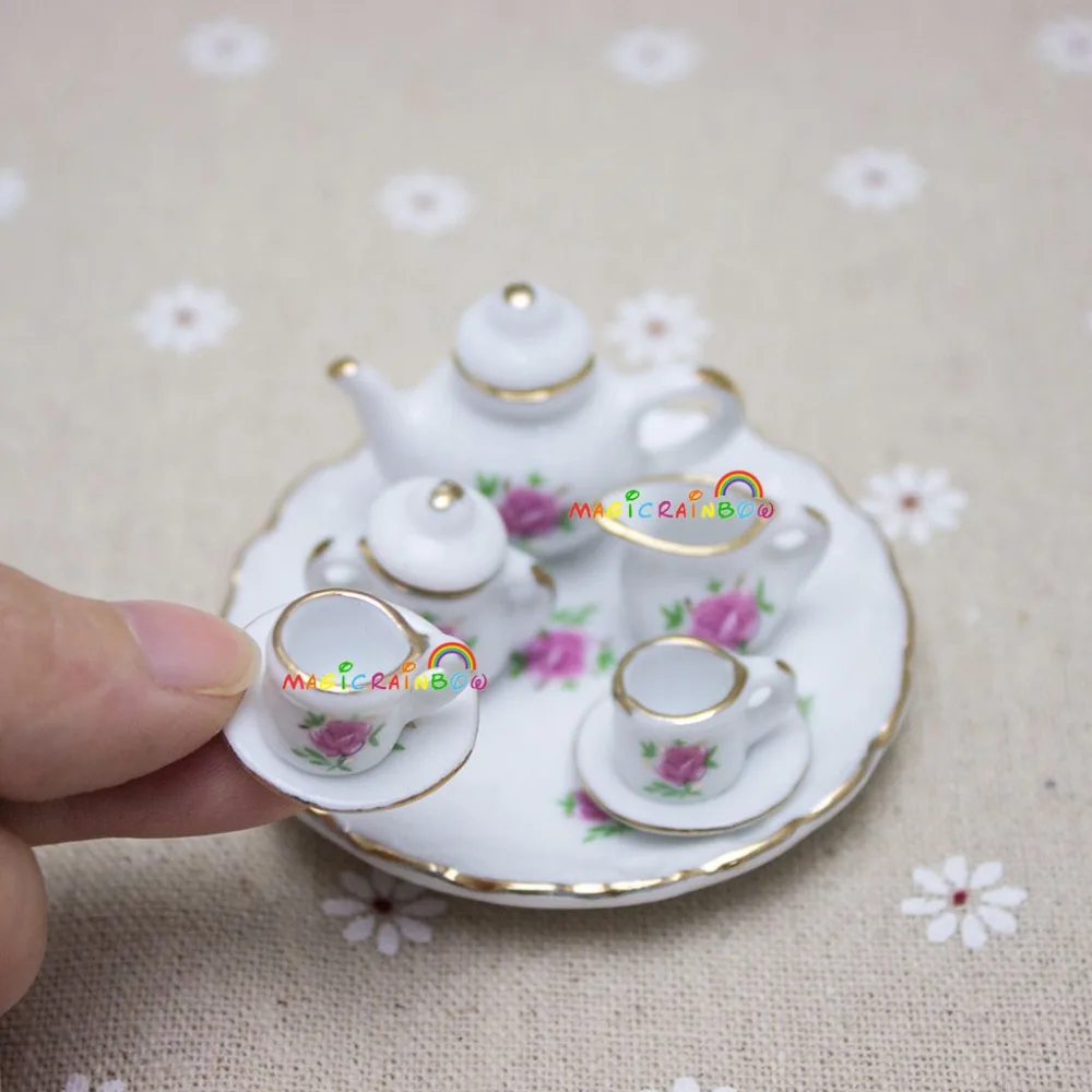 Miniatur Puppenhaus Geschirr Tee Teller Tasse Set aus Porzellan, 8 Stk 