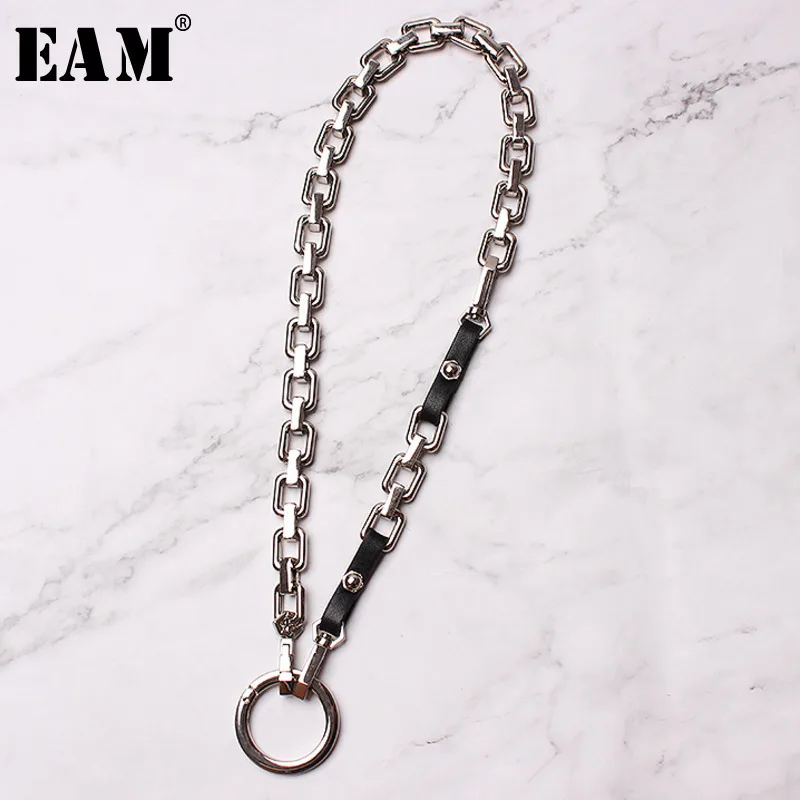 

[EAM] 2019 New Fashion Temperament Metal Chain Split Joint Long Spliced PU Leather Cool Personality Necklaces LD0299