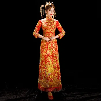

Vintage Rhinestone Cheongsam Suit Full Length Embroidery Formal&Phoenix Marriage Set Classic High Quality Women Wedding Dress