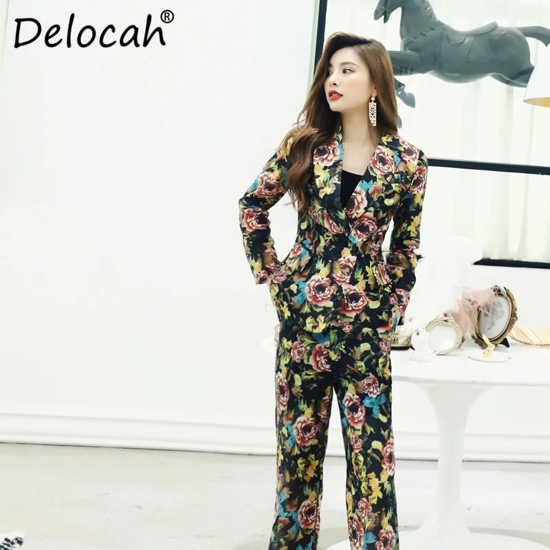 Delocah, весенне-летний женский комплект, подиум, модный, дизайнерский, с длинным рукавом, с цветочным принтом, элегантный, тонкий, длинные, широкие брюки, женские костюмы