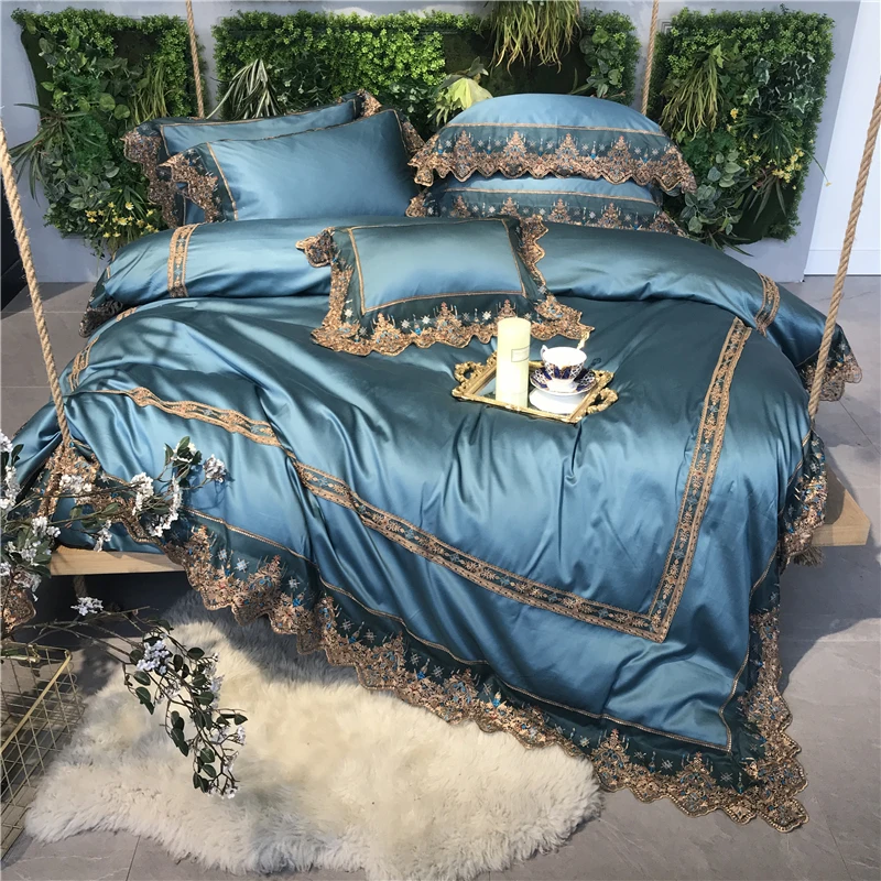 

2018 New 600TC Egypt Cotton Blue Seduction Bedding Set Luxury Lace Duvet Cover set bed Sheet pillowcases Queen King Size 4/5pcs