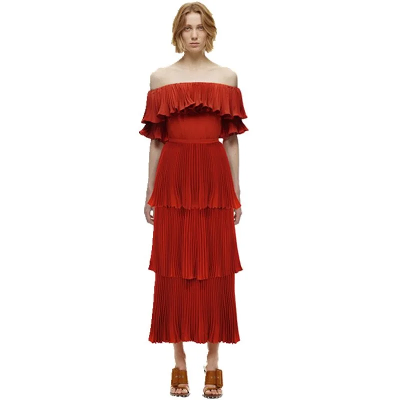 Self Portrait Summer Runway beach dress women Sexy Off The Shoulder Cascading Ruffle Pleated Mid-calf Red white Long Dress Self Portrait Summer Runway beach dress women Sexy Off The Shoulder Cascading Ruffle Pleated Mid-calf Red white Long Dress