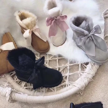 

Kmeioo Sweet Winter Wool Shoes Woman Bowknot Snow Boots Round Toe Platform Ankle Boots Riband Knot Short Boots Warm Fur Shoes