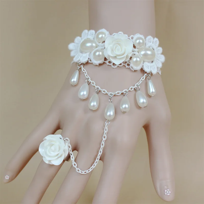 Готические браслеты с подвесками, имитация жемчуга, кисточки, цепи, браслеты для невесты, свадебные белые розы, полые кружевные браслеты, вечерние ювелирные изделия