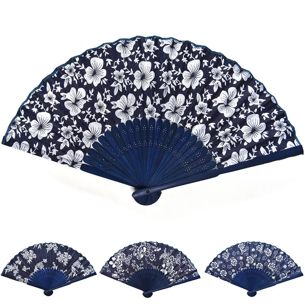 

Blue Fabric Hand Fan Cool Summer Classical Flower Design Chinese Style With Dyed Blue Bamboo Frame Wedding Party Favor Decor