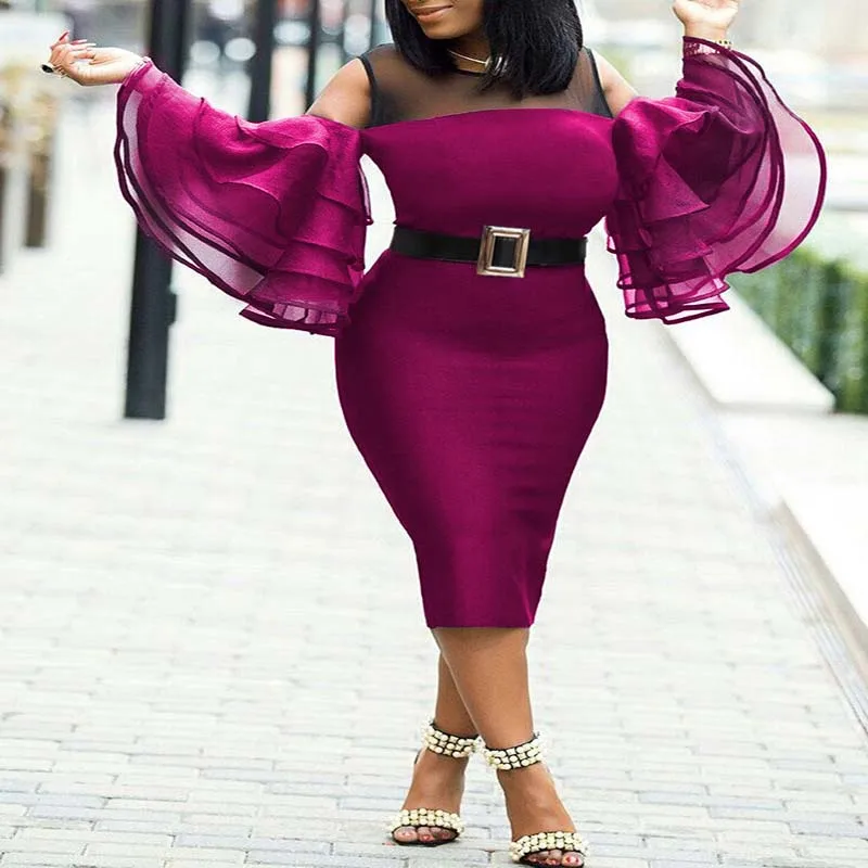 

Africa Clothing Plus Size Mesh Ruffles Sleeve Africa Dress Women Sexy Perspective Slim Dress Office Lady Party Dresses for Girls