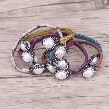 

ZYZ-B4167 10pcs Colorful Snakeskin Cuff Bangle With Crystal Pearls Bangle Bracelet