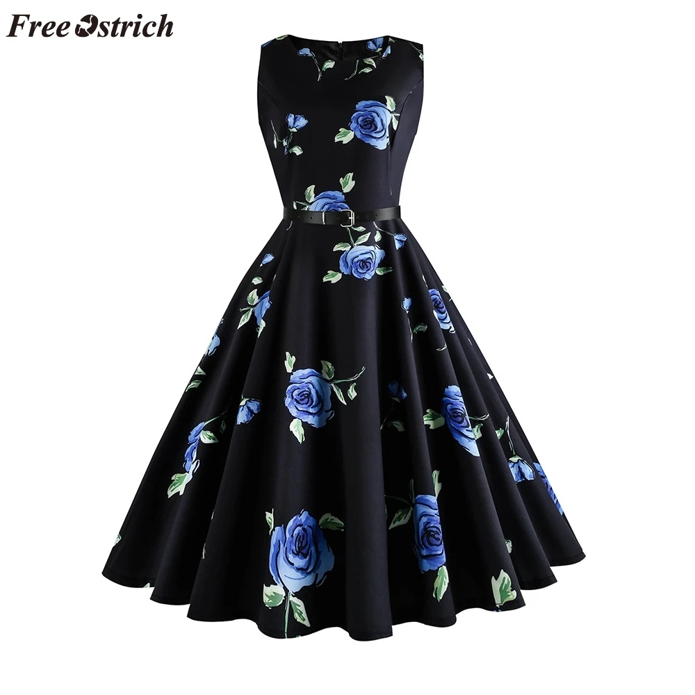 

FREE OSTRICH Vintage new fashion women's retro Hepburn wind flower sleeveless casual party dance swing swing waist dress 2019hot