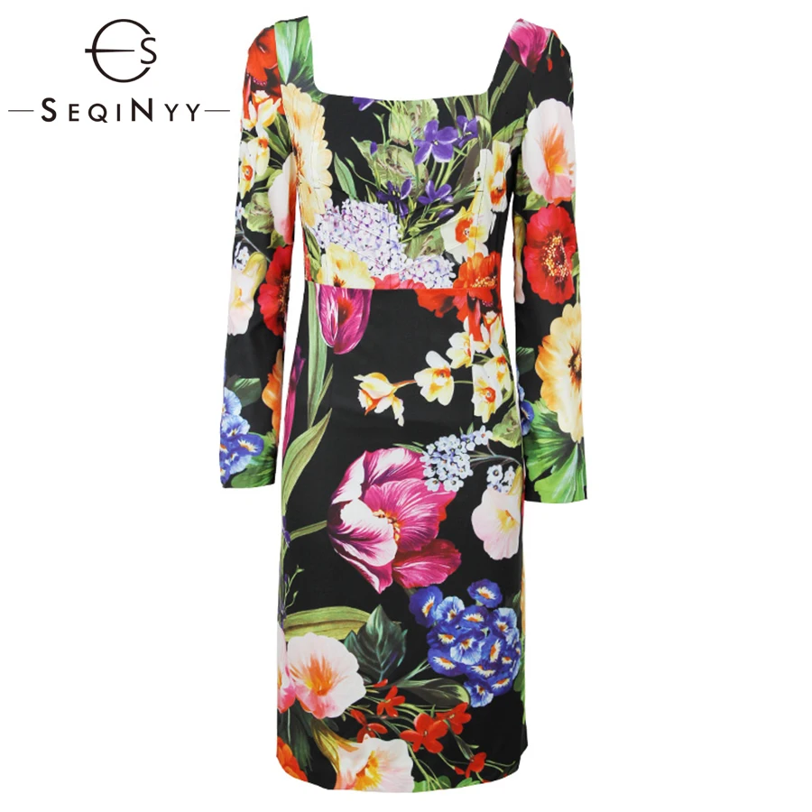 SEQINYY Slim Dress Flowers Colorful Printed 2019 Summer Spring New Fashion Women's Long Sleeve High Quality Knee Sheath Dress SEQINYY Slim Dress Flowers Colorful Printed 2019 Summer Spring New Fashion Women's Long Sleeve High Quality Knee Sheath Dress