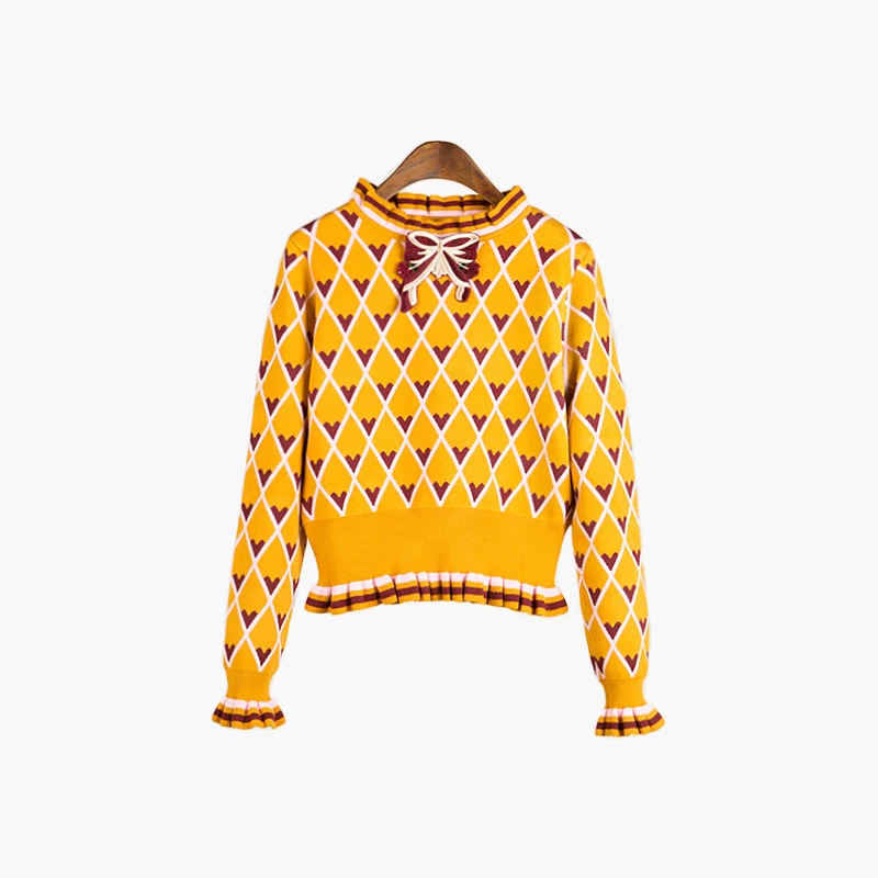 2020 Winter Sweet Plaid Women Knit Sweater Pullovers Runway Designer Ruffles Long Sleeve Female Christmas Jumper Clothes | Женская