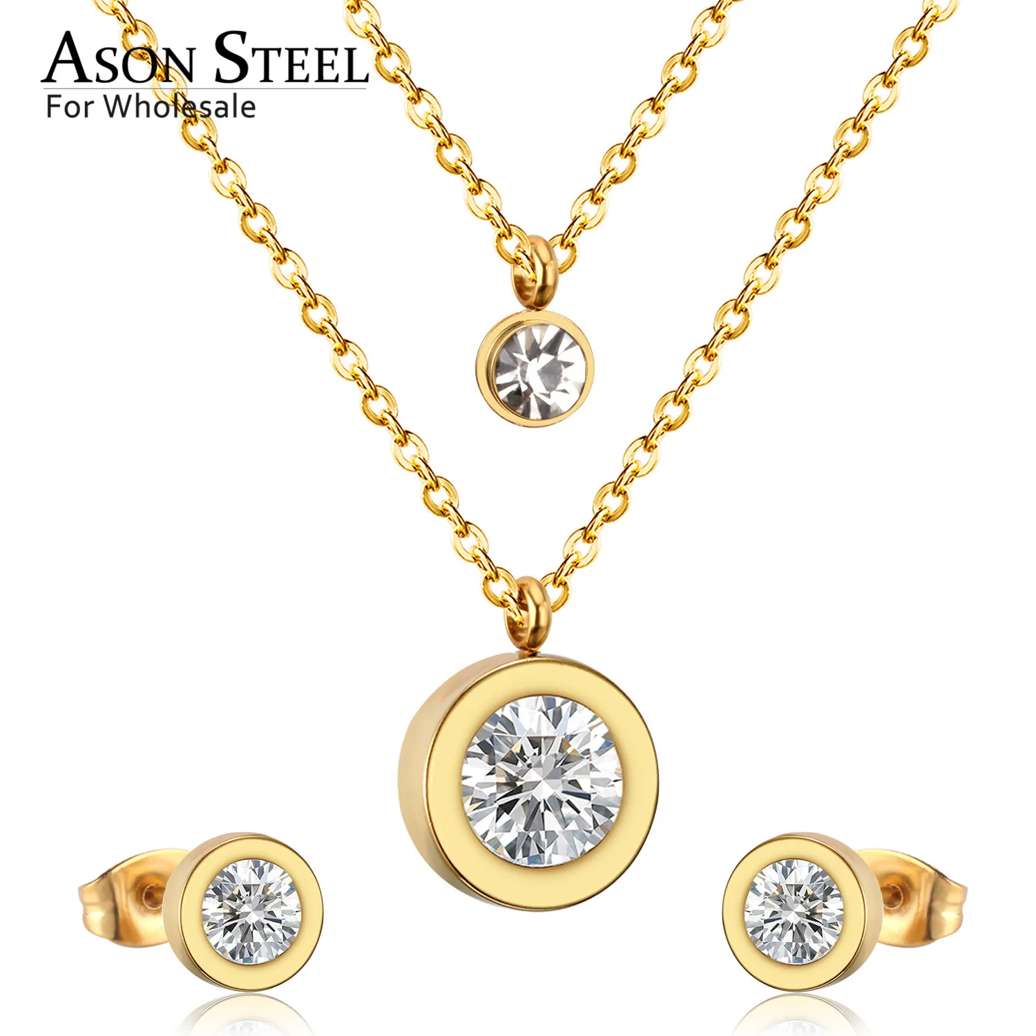 

ASONSTEEL Necklace Set Round Zirconia Pendants Wedding Jewelry Set for Women Stainless Steel Double Chains Jewelry Collier