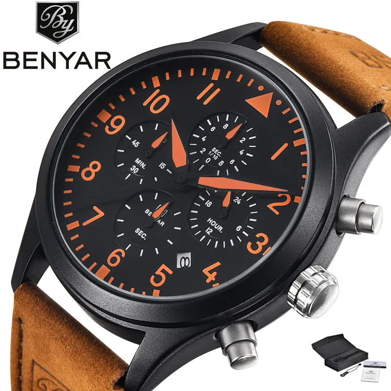 

BENARY Fashion Sport Date Display Men's Wristwatch Army Casual Stop Watch Dial Genuine Leather Band Cool Military Hombres miran