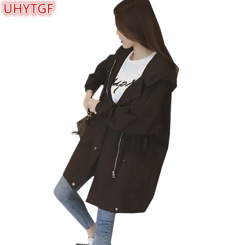 

UHYTGF 2018 Spring and summer Trench Coat Women's clothing Splice Long sleeve Loose Plus size Windbreaker Hooded coat zipper 21