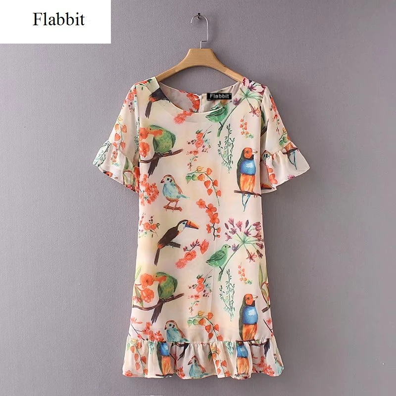 

Flabbit women vintage short sleeve birds floral print ruffle mini dress ladies chic summer dresses women clothing vestidos DS035