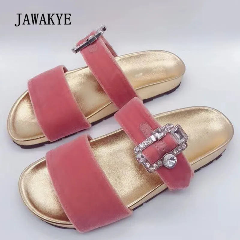 

2018 Luxury Velvet Slippers Woman Open Toe Bling Bling Rhinestone Buckle Thick Bottom Gladiator Sandals