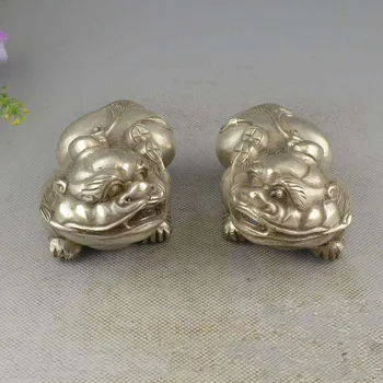 

China Silver Lion Pixiu Brave Troops Unicorn Animal Pair Statue