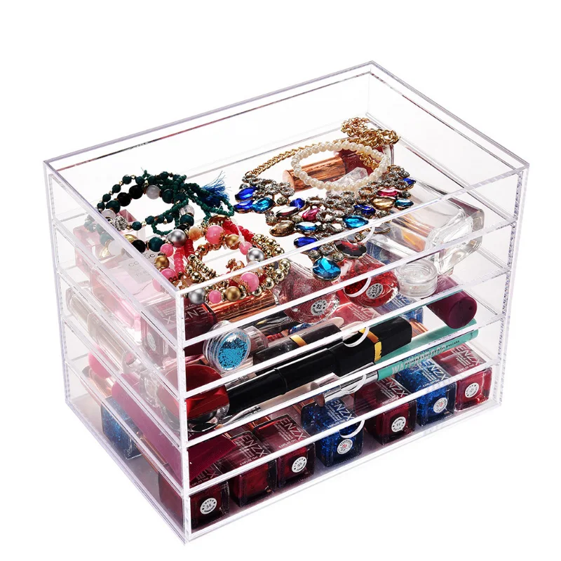 

5 Drawers Jewelry Storage Box Clear Acrylic Makeup Organizer Box Nail Polish Storage Case Large Cosmetic Organzier 26*17*20cm