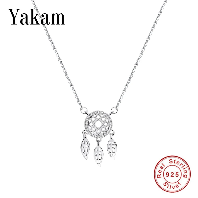 

Clear CZ Dreamcatcher Necklace for Women Jewelry Hollow Round Net Leaves Dream Catcher Pendant S925 Sterling Silver Chain Choker