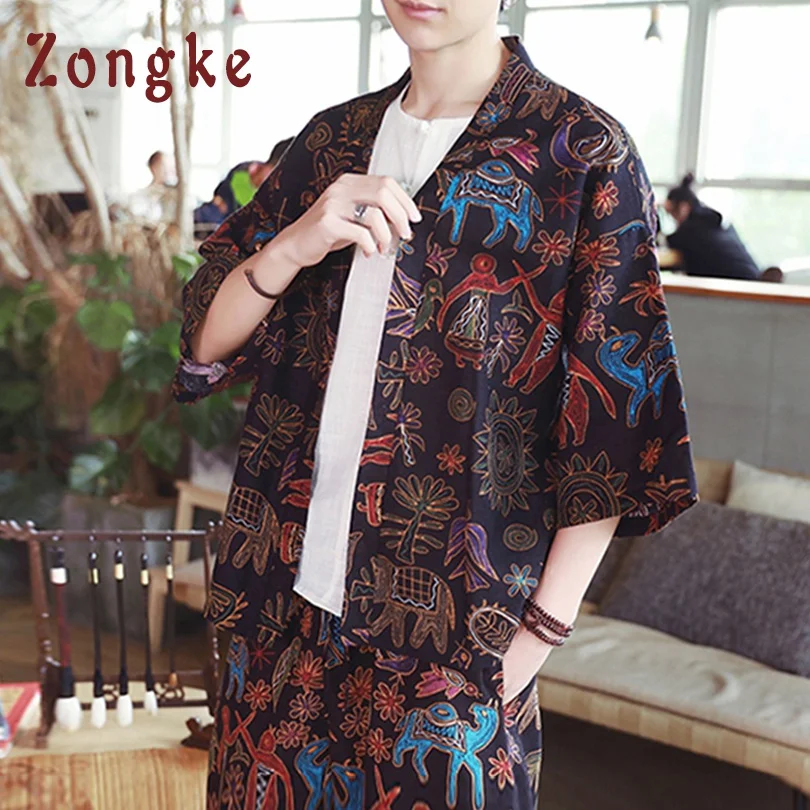 

Zongke National Style Linen Kimono Cardigan Coat Japanese Kimono Men Jacket Streetwear Clothes Mens Kimono Jacket Men 2019 New