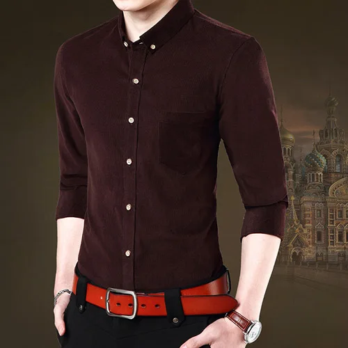 Модная благородная и великолепная брендовая весенне-осенняя мужская Вельветовая хлопковая рубашка однотонный деловой пиджак с отворотом мужская рубашка - Цвет: Coffee