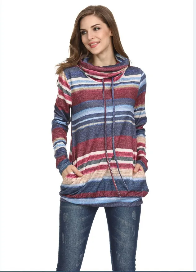 Real Shot 2019 Europe and America Autumn and Winter Pile Pile Collar Striped Casual Long-sleeved Shirt